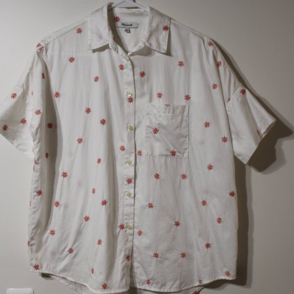 Women's Madewell White Embroidered Flowers Button Up Short Sleeve Shirt Size XS